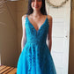 A-Line V Neck Lace Blue Long Prom Dress, Blue Long Evening Dress MD208