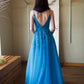 A-Line V Neck Lace Blue Long Prom Dress, Blue Long Evening Dress MD208