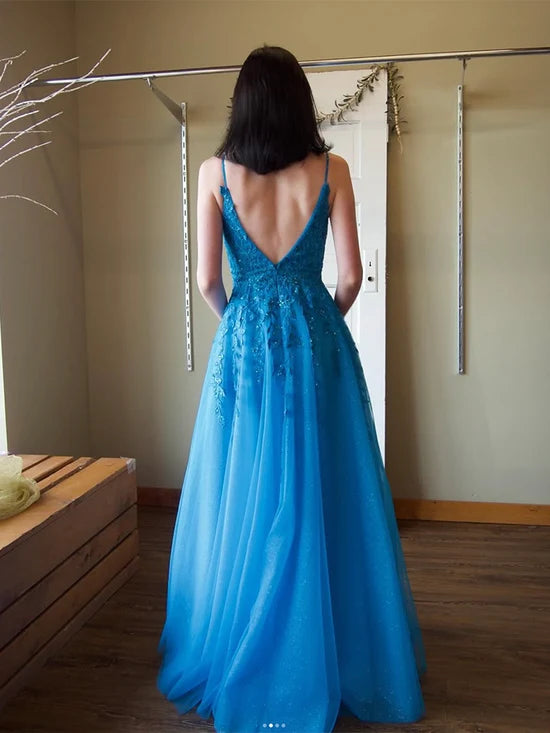 A-Line V Neck Lace Blue Long Prom Dress, Blue Long Evening Dress MD208