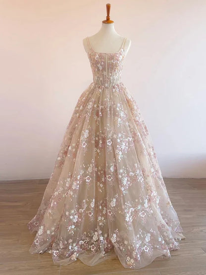 A-Line Lace Champagne Long Prom Dress, Champagne Long Evening Dress MD209
