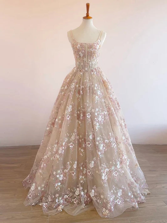 A-Line Lace Champagne Long Prom Dress, Champagne Long Evening Dress MD209