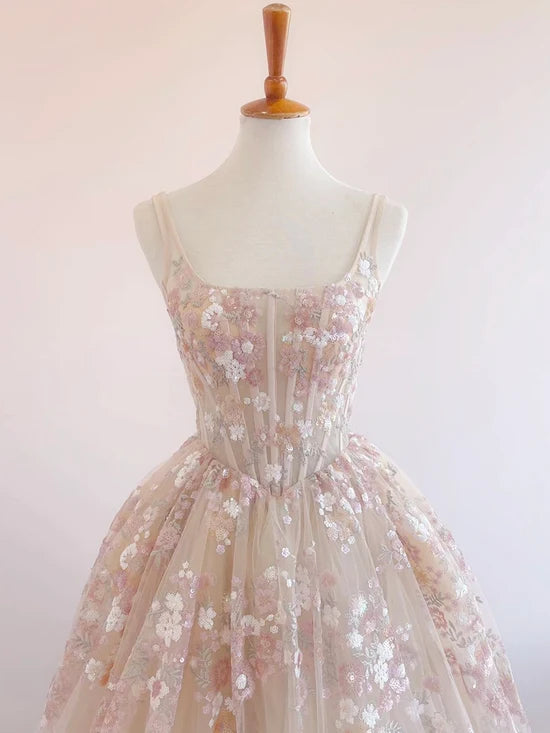 A-Line Lace Champagne Long Prom Dress, Champagne Long Evening Dress MD209