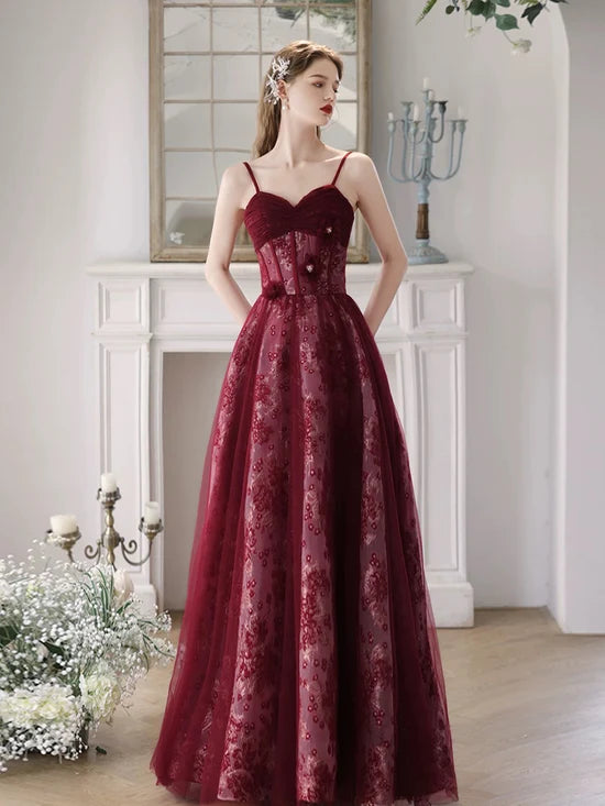 A-Line Tulle Lace Burgundy Long Prom Dress, Burgundy Long Formal Dress MD210