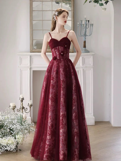 A-Line Tulle Lace Burgundy Long Prom Dress, Burgundy Long Formal Dress MD210