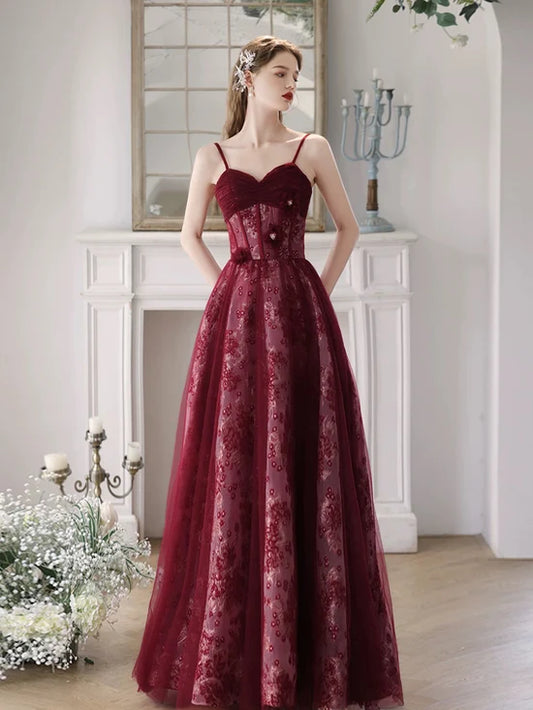 A-Line Tulle Lace Burgundy Long Prom Dress, Burgundy Long Formal Dress MD210