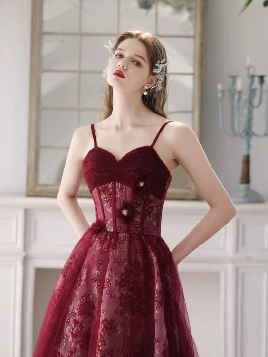 A-Line Tulle Lace Burgundy Long Prom Dress, Burgundy Long Formal Dress MD210