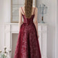 A-Line Tulle Lace Burgundy Long Prom Dress, Burgundy Long Formal Dress MD210