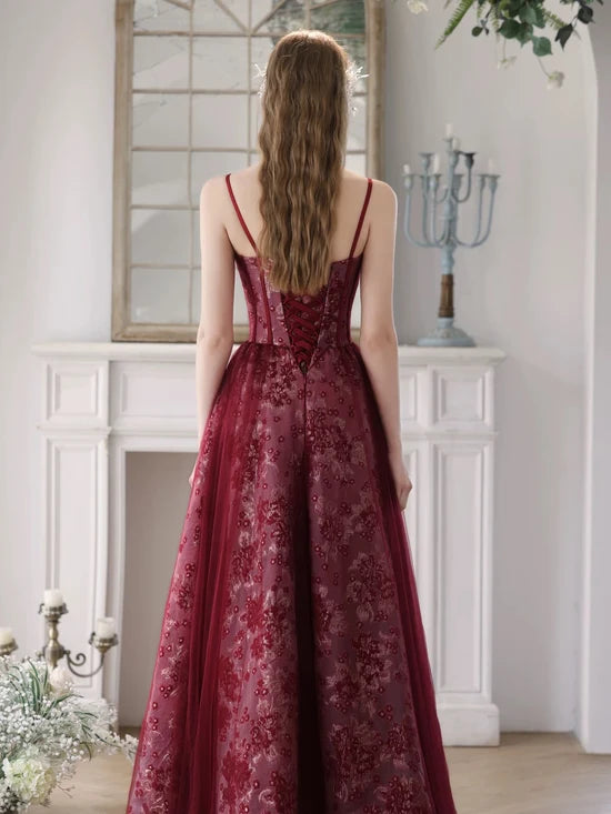 A-Line Tulle Lace Burgundy Long Prom Dress, Burgundy Long Formal Dress MD210