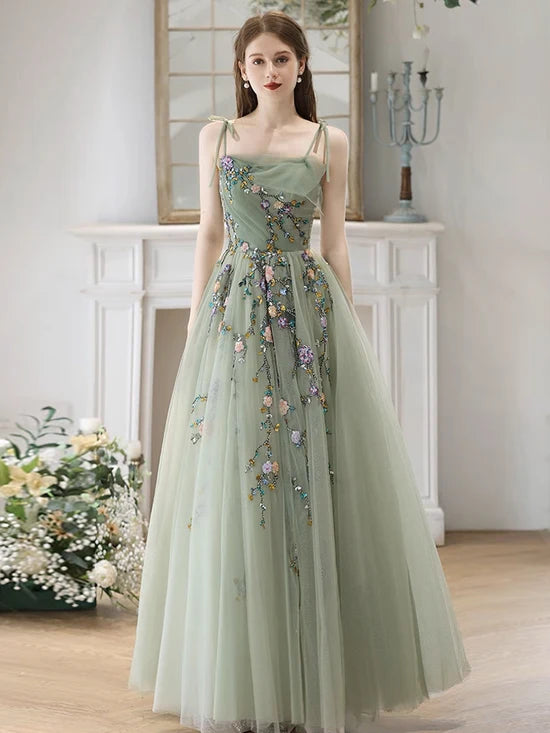 A-Line Tulle Lace Green Long Prom Dress, Green Long Formal Dress MD211