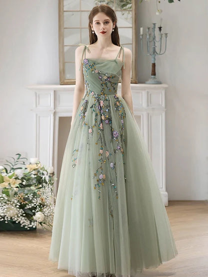 A-Line Tulle Lace Green Long Prom Dress, Green Long Formal Dress MD211