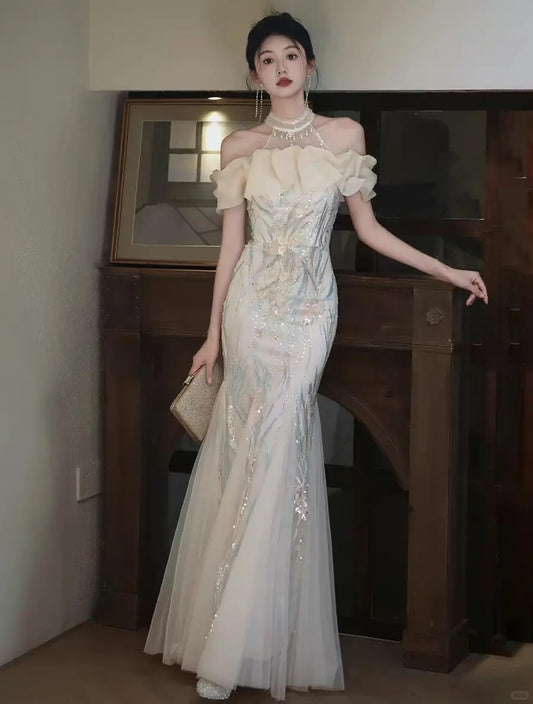 Elegant Mermaid Long Wedding Dress Off-the-Shoulder Sequins White Prom Dress MD212
