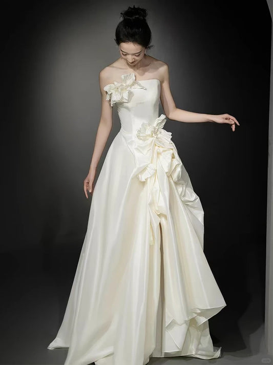 Elegant A-line 3D floral appliqué Long Wedding Dress Off-the-Shoulder Satin White Prom Dress MD214