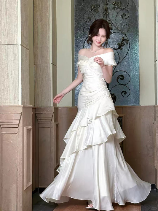 Elegant Sheath Long Wedding Dress Off-the-Shoulder Satin White Ruffled Prom Dress MD215