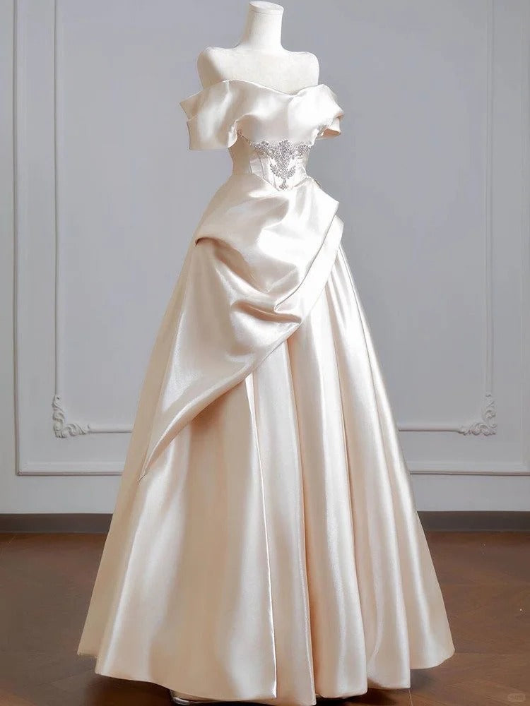 Elegant A-line Long Wedding Dress Off-the-Shoulder Satin Champagne  Prom Dress MD216