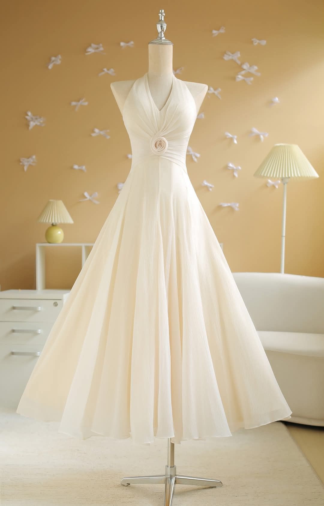 Elegant A-line Long Wedding Dress Halter Neck Satin White Prom Dress MD217