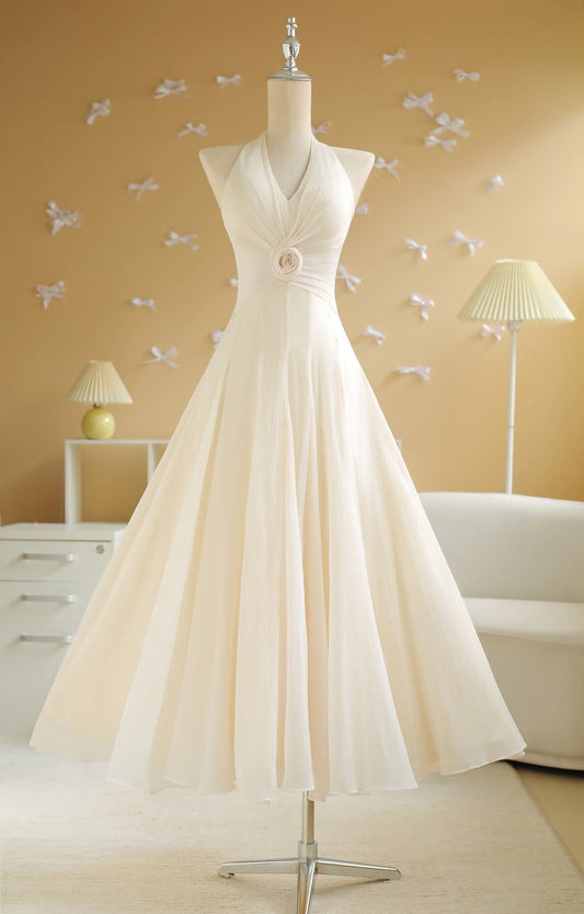 Elegant A-line Long Wedding Dress Halter Neck Satin White Prom Dress MD217