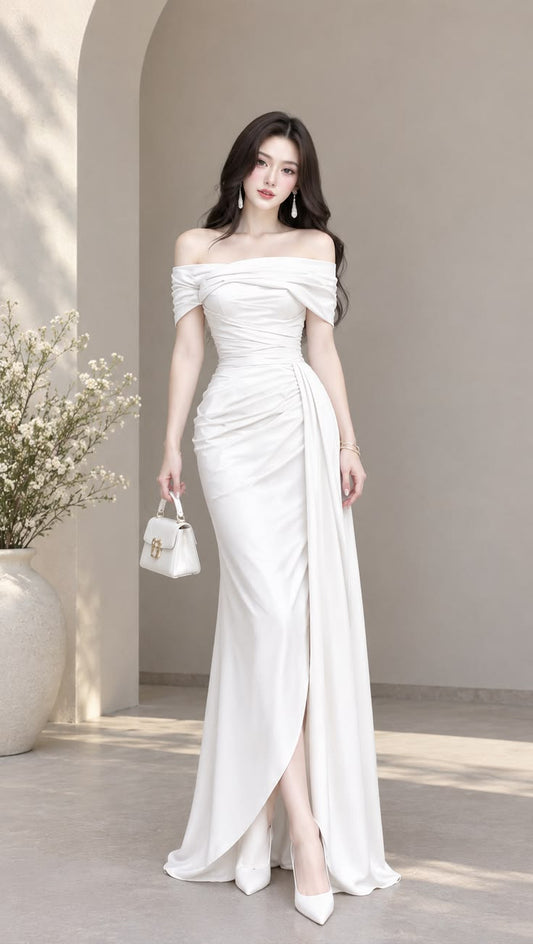 Elegant Sheath Long Wedding Dress Off-the-Shoulder Satin White Prom Dress MD219