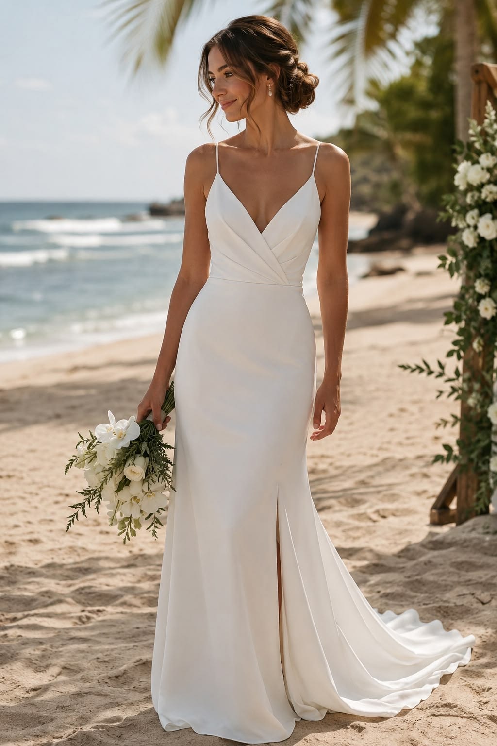 Elegant Sheath Long Wedding Dress Spaghetti Straps Satin White Prom Dress MD220