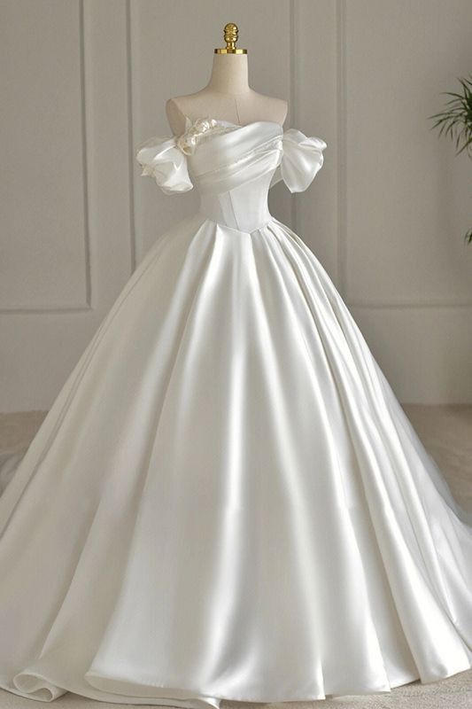 Elegant Ball Gown Long Wedding Dress Off-the-Shoulder Satin White Prom Dress MD221