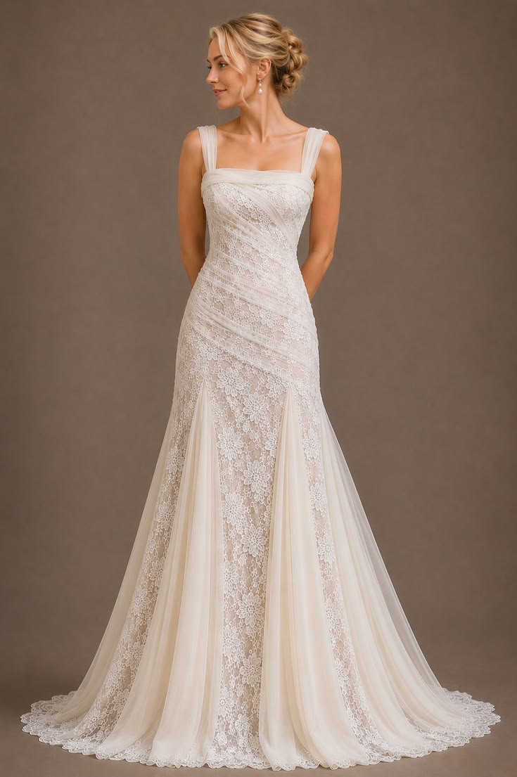 Elegant Sheath Long Wedding Dress Square Neck Lace White Prom Dress MD223