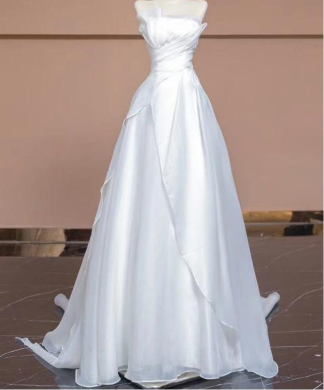Ethereal A-line Long Wedding Dress Off-the-Shoulder Satin White Prom Dress MD225