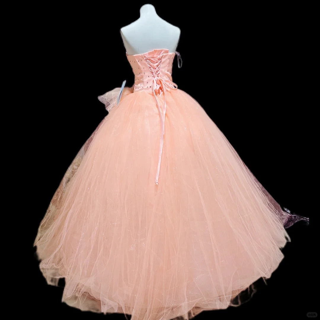 Elegant Ball Gown Pink Sweetheart Long Evening Dress Sequins Tulle Prom Dress MD227