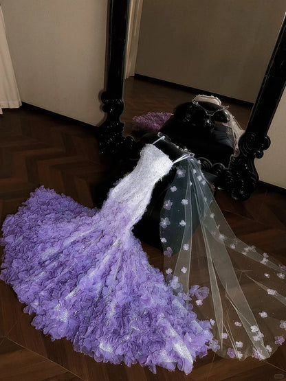 Elegant Mermaid Purple Spaghetti Straps Long Evening Dress 3D fabric flower Prom Dress MD228