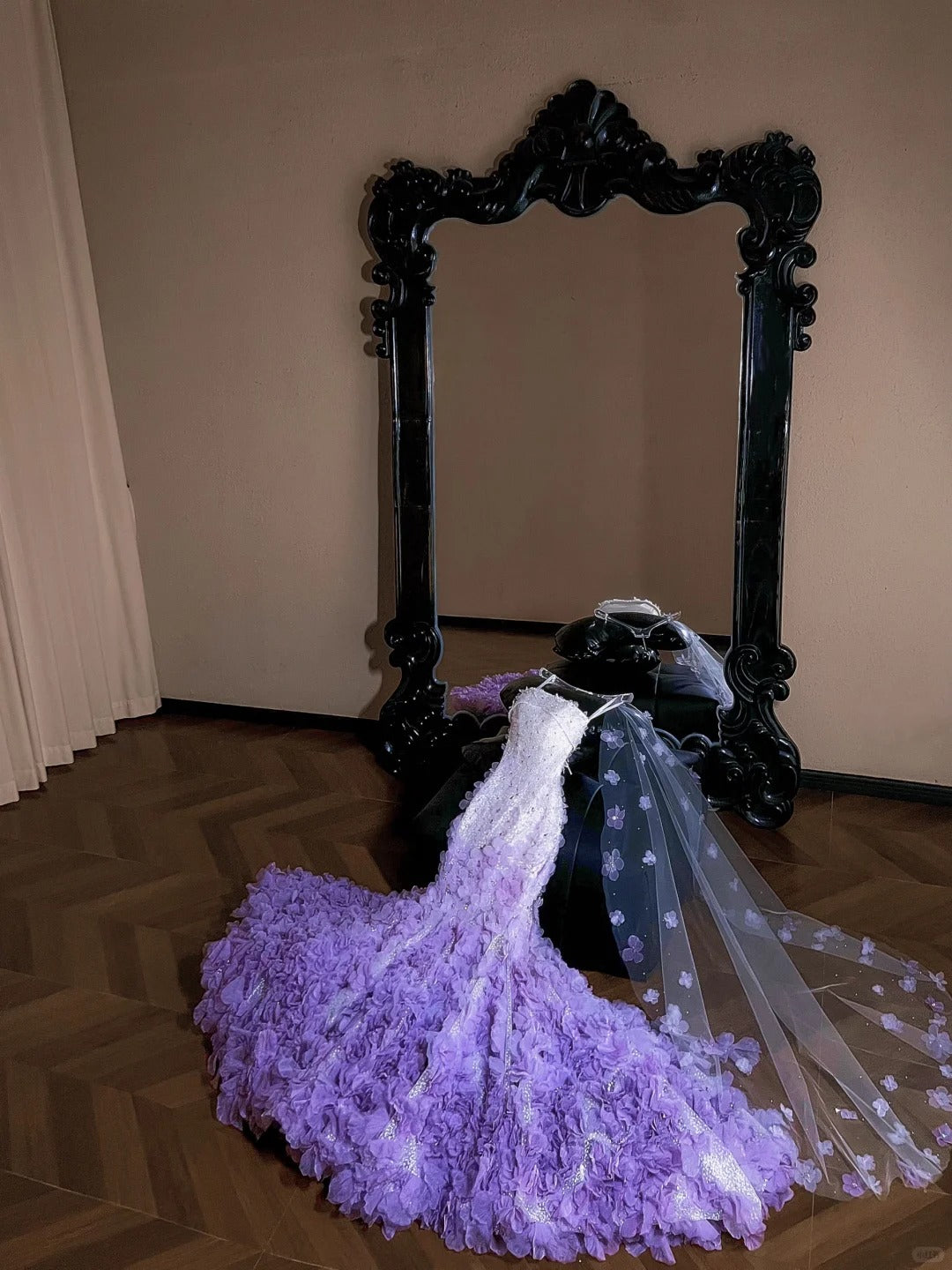 Elegant Mermaid Purple Spaghetti Straps Long Evening Dress 3D fabric flower Prom Dress MD228