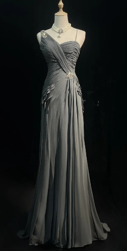 Elegant Sheath Gray Asymmetrical Neck Long Evening Dress Pleated Prom Dress MD229