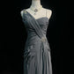 Elegant Sheath Gray Asymmetrical Neck Long Evening Dress Pleated Prom Dress MD229