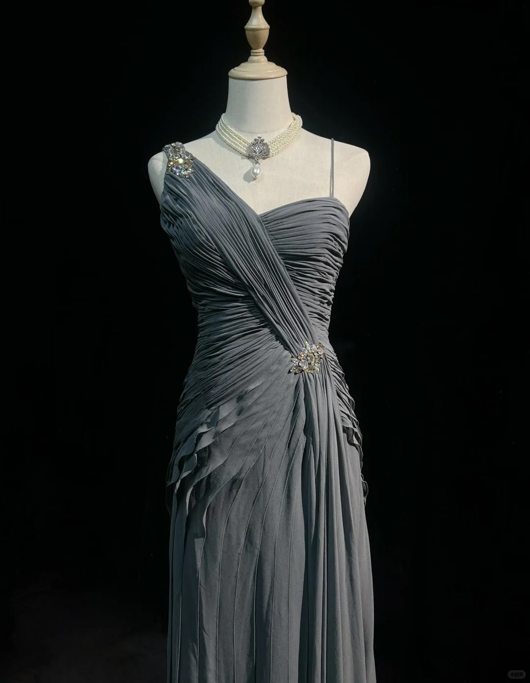 Elegant Sheath Gray Asymmetrical Neck Long Evening Dress Pleated Prom Dress MD229
