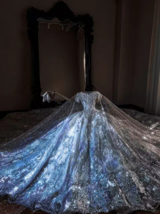 Dreamy Ball Gown Gray Off-the-Shoulder Long Evening Dress Tulle Beaded Prom Dress MD230