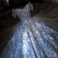 Dreamy Ball Gown Gray Off-the-Shoulder Long Evening Dress Tulle Beaded Prom Dress MD230