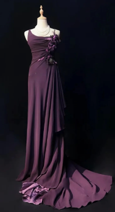 Elegant Sheath Purple 3D fabric flower Asymmetrical Neck Long Evening Dress Satin Prom Dress MD233