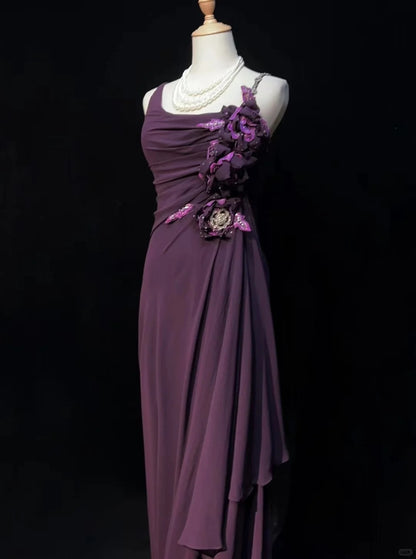 Elegant Sheath Purple 3D fabric flower Asymmetrical Neck Long Evening Dress Satin Prom Dress MD233