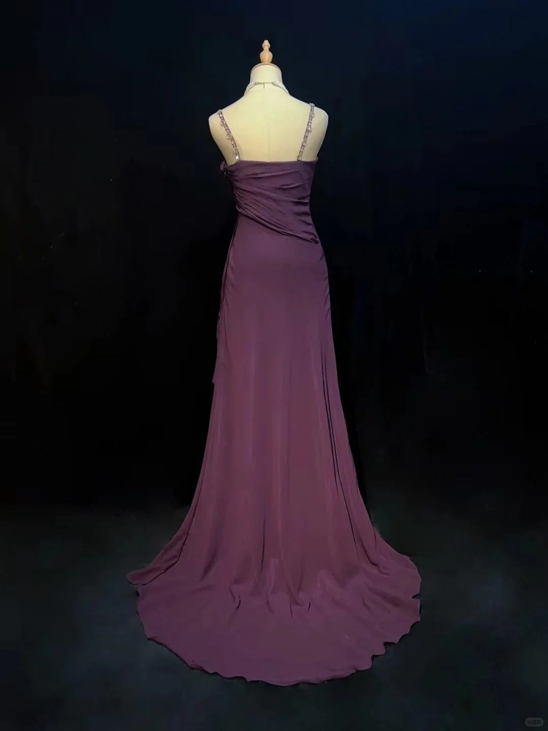 Elegant Sheath Purple 3D fabric flower Asymmetrical Neck Long Evening Dress Satin Prom Dress MD233