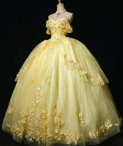 Elegant Ball Gown Yellow 3D fabric flower Sweetheart Long Evening Dress Tulle Prom Dress MD234