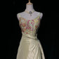 Elegant Sheath Yellow Embroidery Spaghetti Straps Long Evening Dress Satin Prom Dress MD235