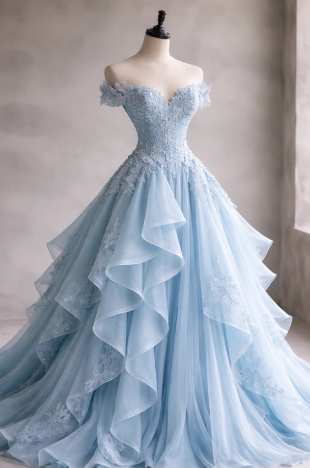 Gorgeous Off Shoulder Pale Blue Mermaid Tulle Applique Prom Dress Long Evening Dress MD239