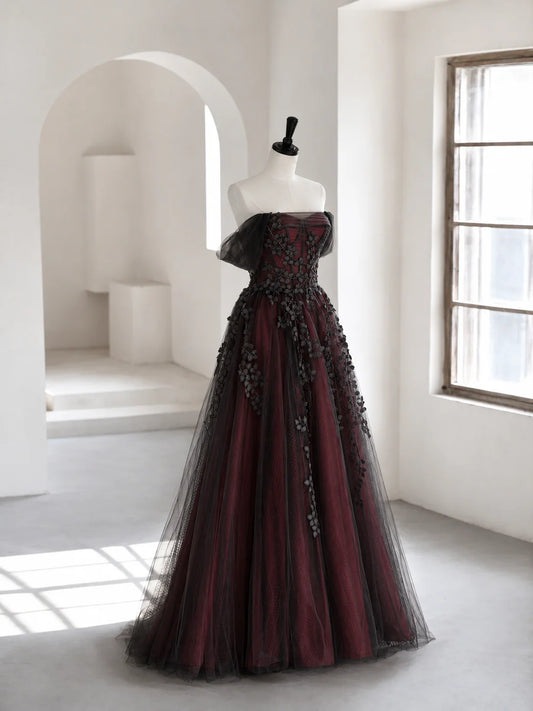 A-line Off Shoulder Tulle Lace Applique Black/Burugndy Long Prom Dress MD240