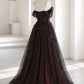 A-line Off Shoulder Tulle Lace Applique Black/Burugndy Long Prom Dress MD240