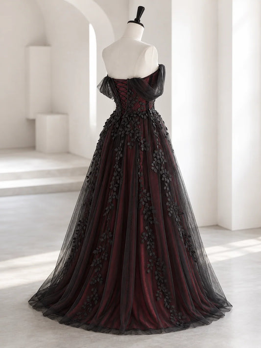 A-line Off Shoulder Tulle Lace Applique Black/Burugndy Long Prom Dress MD240