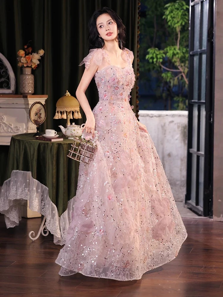A-Line Sweetheart Neck Tulle Lace Pink Long Prom Dress, Pink Long Formal Dress MD241