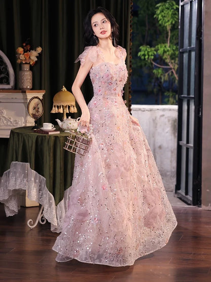A-Line Sweetheart Neck Tulle Lace Pink Long Prom Dress, Pink Long Formal Dress MD241