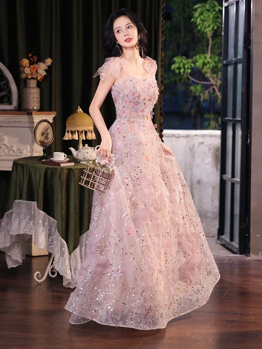 A-Line Sweetheart Neck Tulle Lace Pink Long Prom Dress, Pink Long Formal Dress MD241