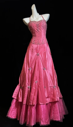 Elegant A-line Pink Halter Neck Long Evening Dress Sequins Satin Prom Dress MD242