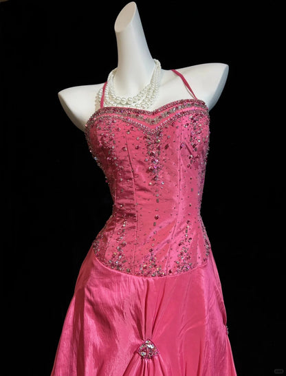 Elegant A-line Pink Halter Neck Long Evening Dress Sequins Satin Prom Dress MD242
