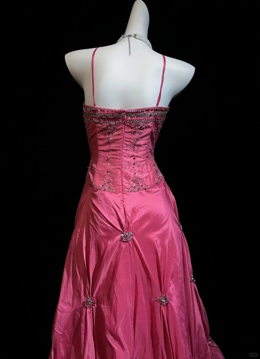 Elegant A-line Pink Halter Neck Long Evening Dress Sequins Satin Prom Dress MD242