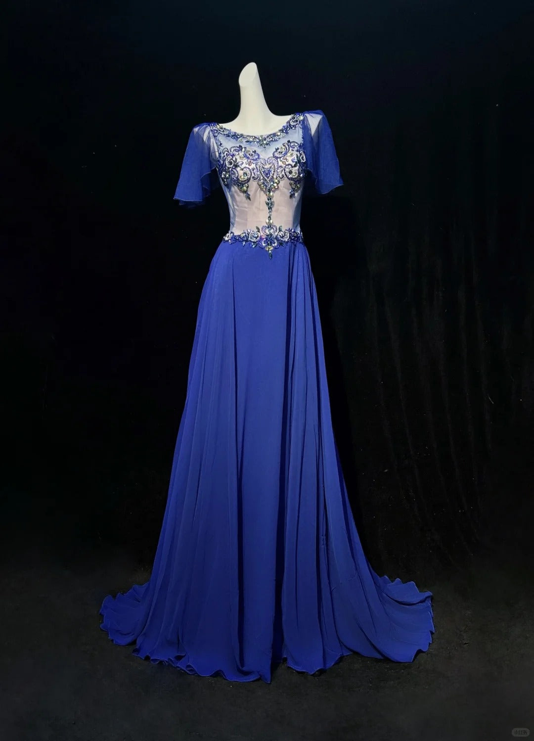 Elegant A-line Blue Round Neck Long Evening Dress Beaded Chiffon Prom Dress MD243