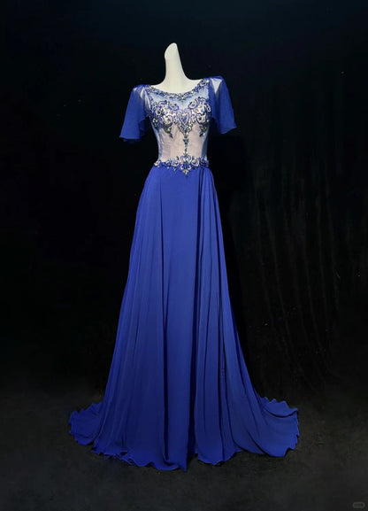 Elegant A-line Blue Round Neck Long Evening Dress Beaded Chiffon Prom Dress MD243